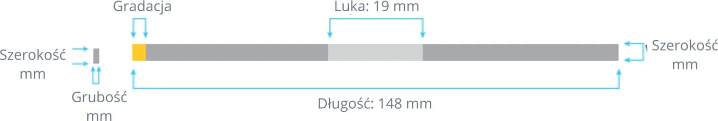 Schemat paska diamentowego: gradacja na końcu, gładka luka 19 mm pośrodku, całkowita długość 148 mm oraz zaznaczone szerokość i grubość